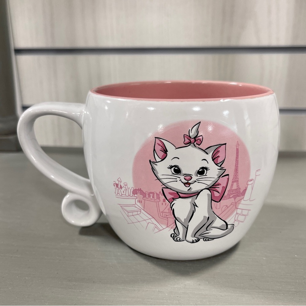 Disney Marie the Aristocats Pink & White Ceramic Coffee Mug Scroll Handle NEW